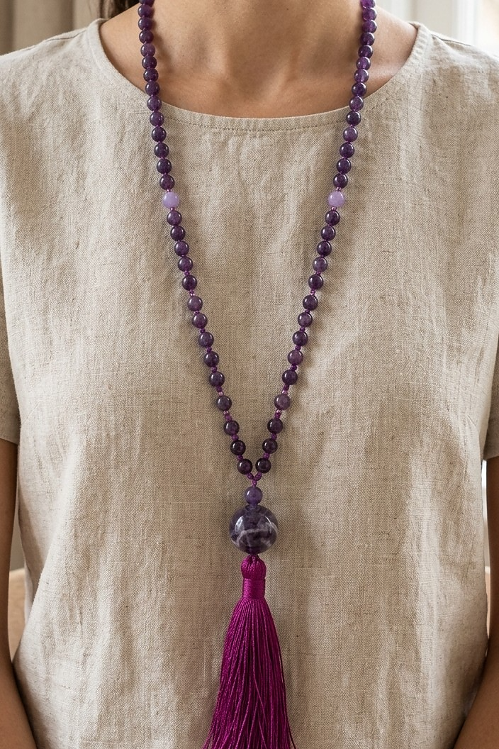 Mala da meditazione in Ametista, Pietra Guru Ametista e Rame