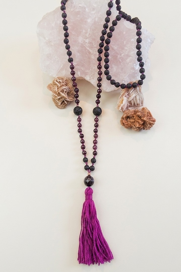 Mala per meditare in Pietra lavica, Lepidolite, Pietra Guru Lepidolite, rame