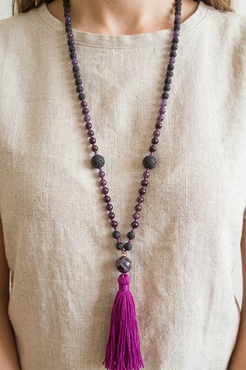 Mala per meditare in Pietra lavica, Lepidolite, Pietra Guru Lepidolite, rame