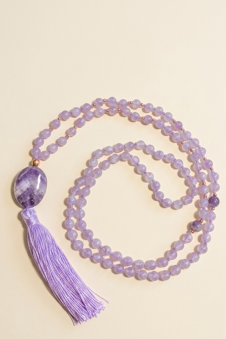 Mala da meditazione in Ametista lavanda, ametista, 108 perle, Perla Guru in ametista Chevron