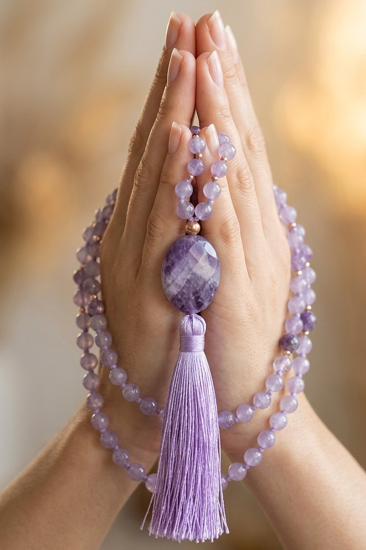 Mala da meditazione in Ametista lavanda, ametista, 108 perle, Perla Guru in ametista Chevron