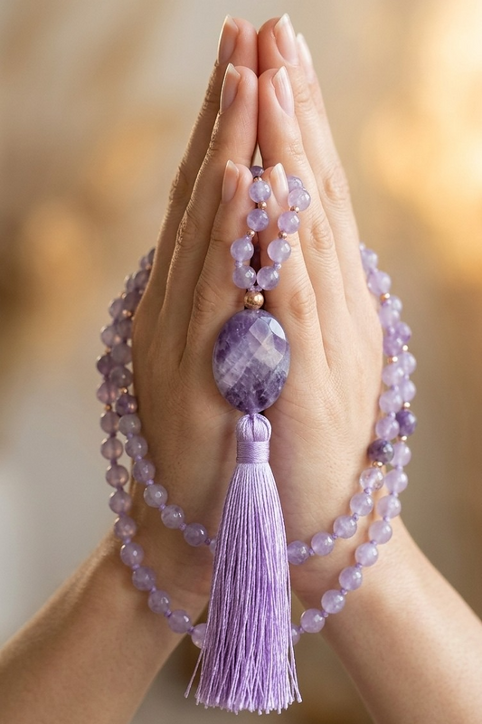 Mala da meditazione in Ametista lavanda, ametista, 108 perle, Perla Guru in ametista Chevron