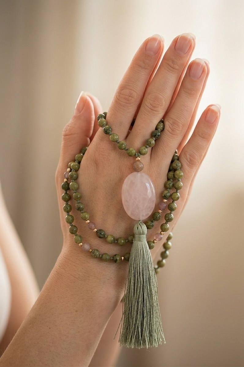 Mala artigianale con pietre naturali di Diaspro, Pietra di luna nera, Pietra Guru Calcite, Rame