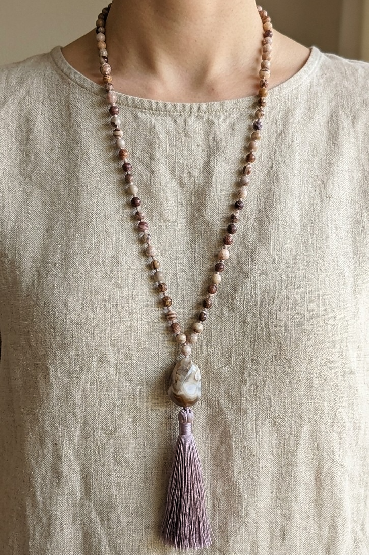 Mala fatta a mano con pietre dure naturali in Diaspro zebra marrone, Pietra Guru Agata, Rame
