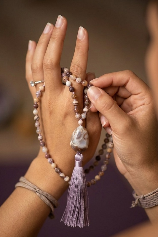 Mala fatta a mano con pietre dure naturali in Diaspro zebra marrone, Pietra Guru Agata, Rame