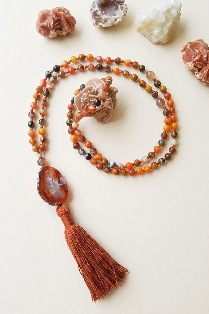Mala fatta a mano con pietre dure naturali in Diaspro calabrone, Pietra Guru Agata, Rame