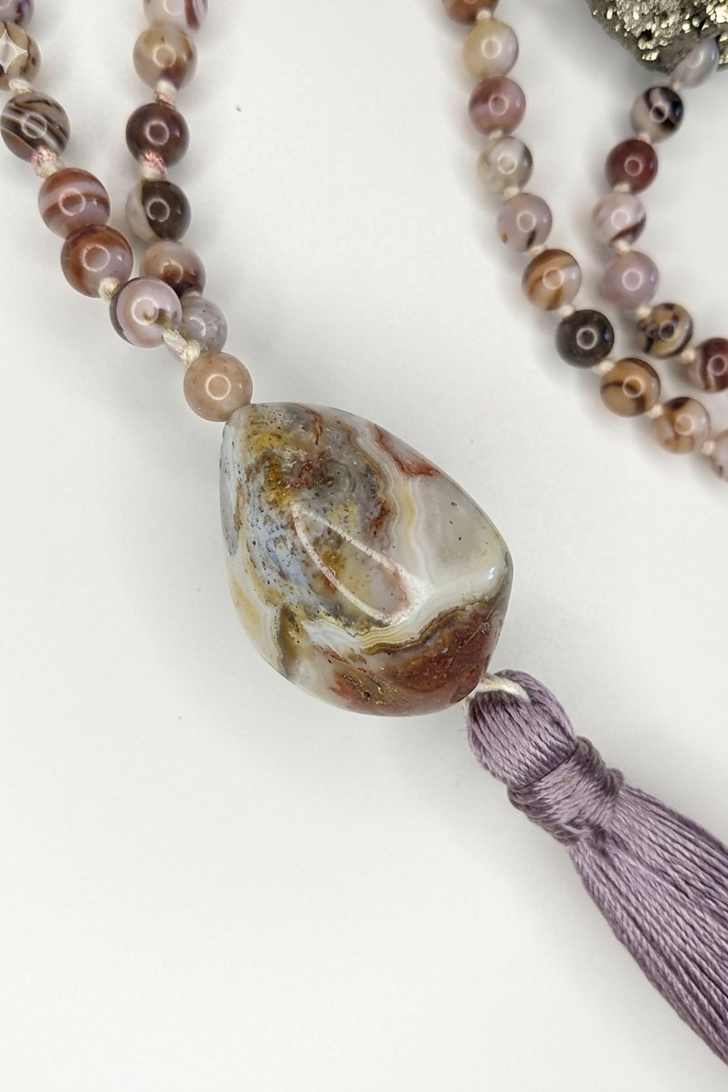 Mala fatta a mano con pietre dure naturali in Diaspro zebra marrone, Pietra Guru Agata, Rame