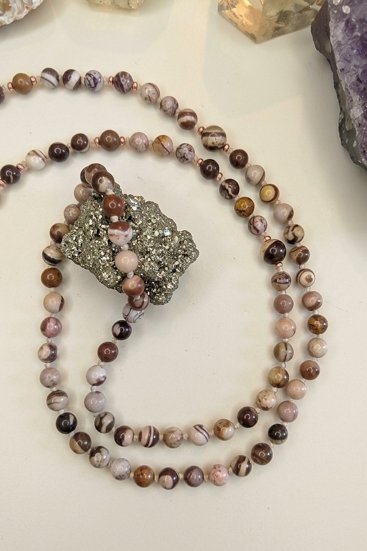 Mala fatta a mano con pietre dure naturali in Diaspro zebra marrone, Pietra Guru Agata, Rame