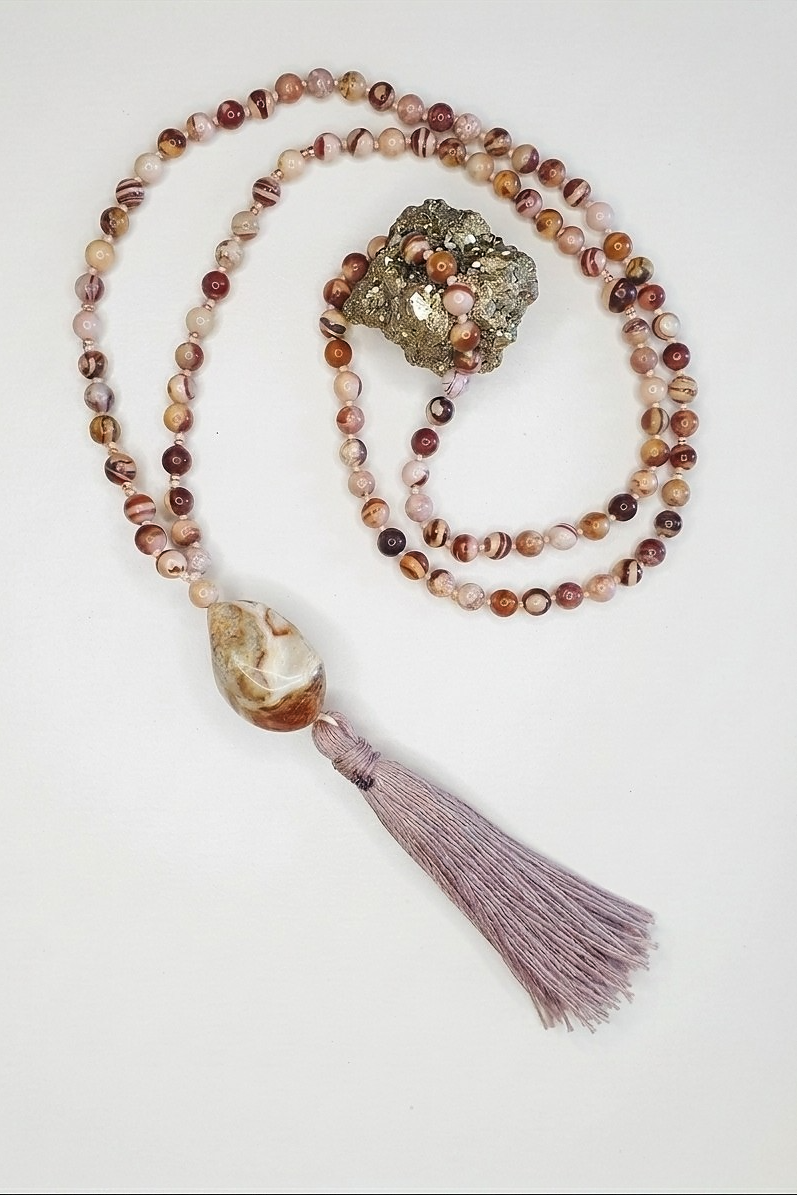Mala fatta a mano con pietre dure naturali in Diaspro zebra marrone, Pietra Guru Agata, Rame