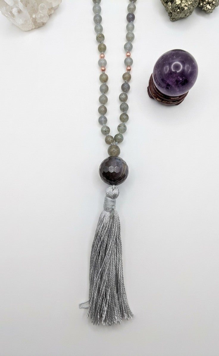 Mala 108 con pietre naturali di Labradorite, Pietra Guru Ametista, Rame