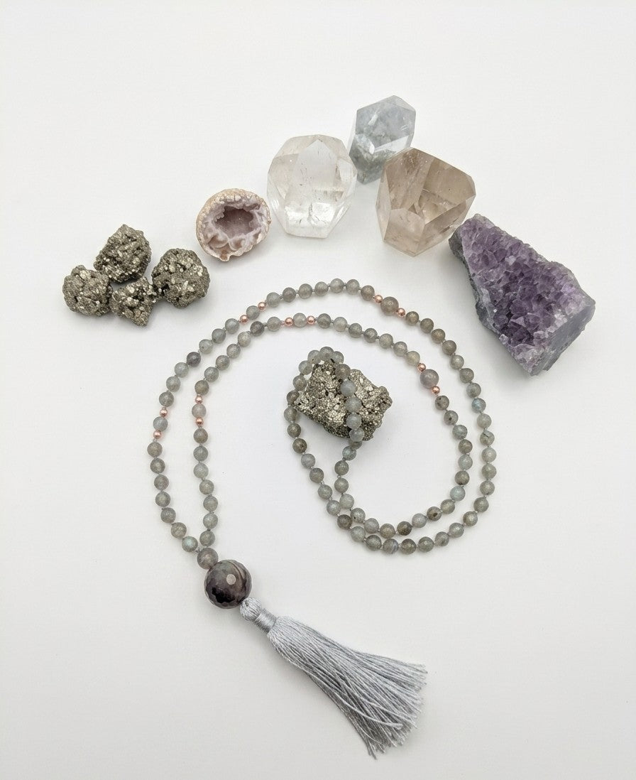 Mala 108 con pietre naturali di Labradorite, Pietra Guru Ametista, Rame