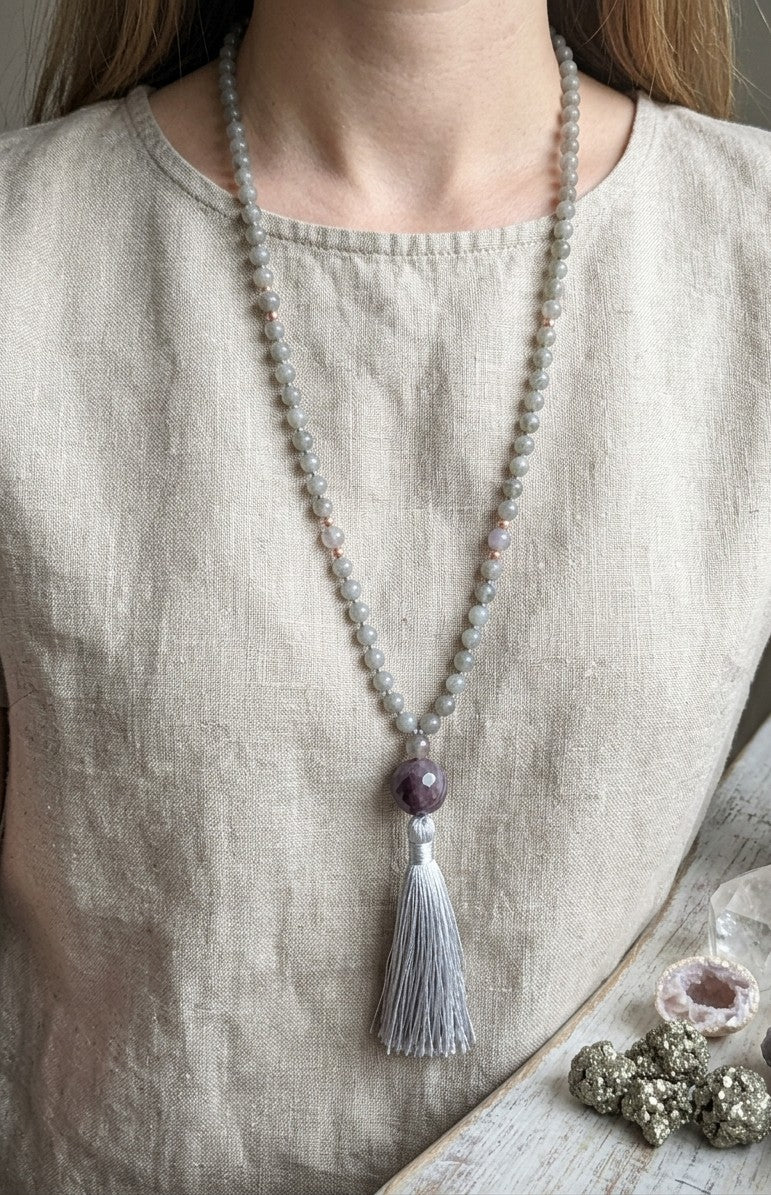 Mala 108 con pietre naturali di Labradorite, Pietra Guru Ametista, Rame