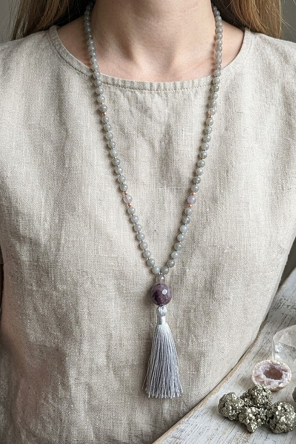 Mala da meditazione in Labradorite, Agata e Rame – 108 perle