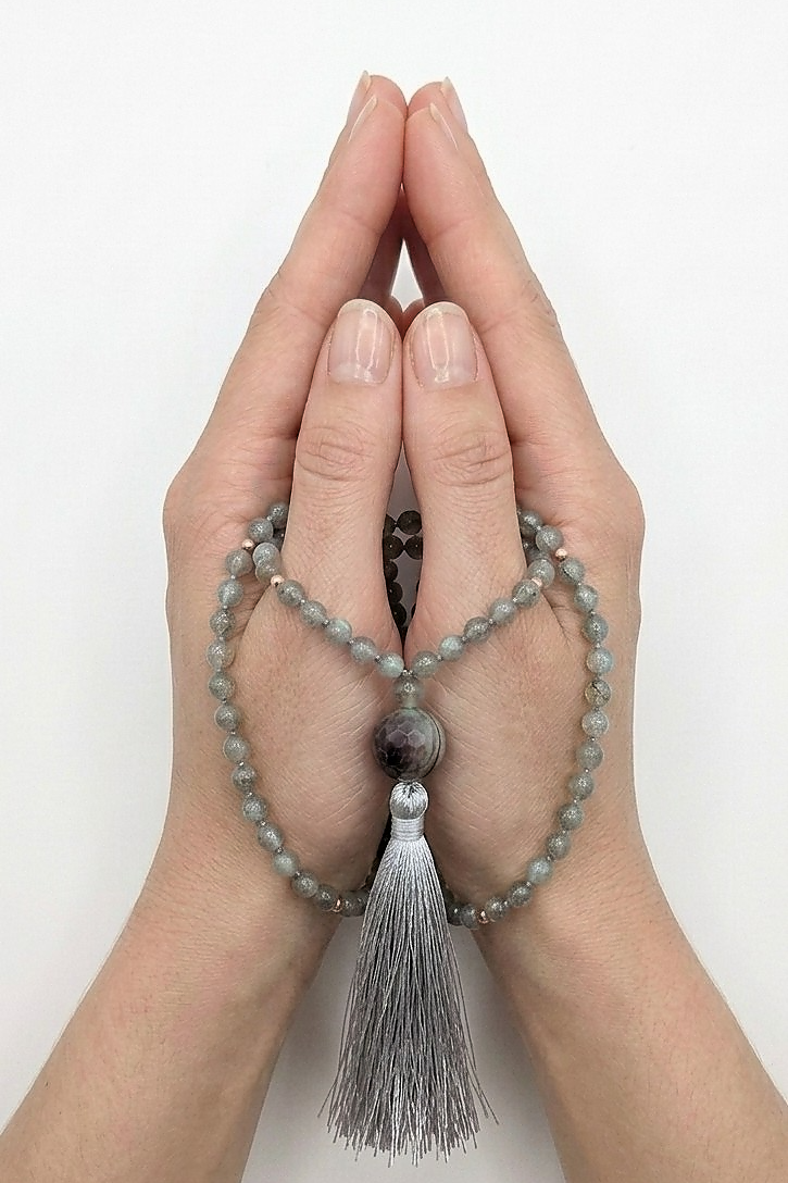 Mala 108 con pietre naturali di Labradorite, Pietra Guru Ametista, Rame