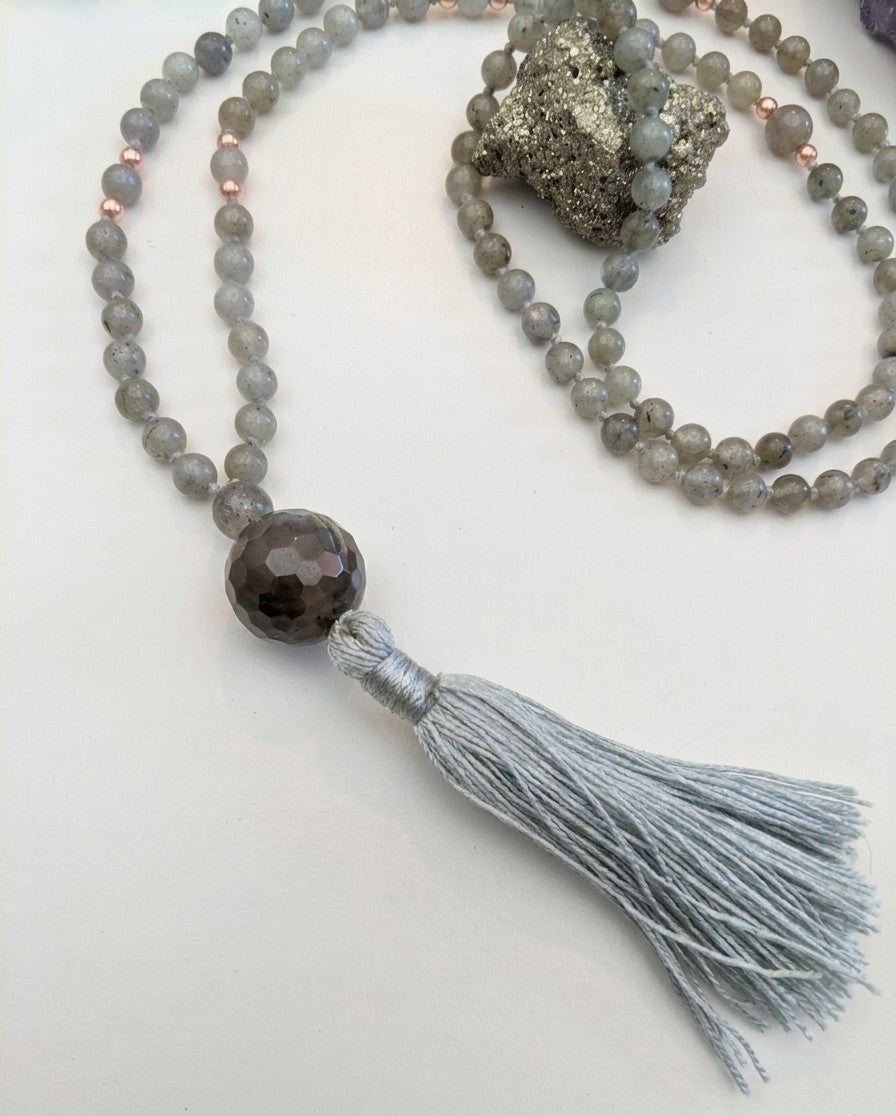 Mala 108 con pietre naturali di Labradorite, Pietra Guru Ametista, Rame