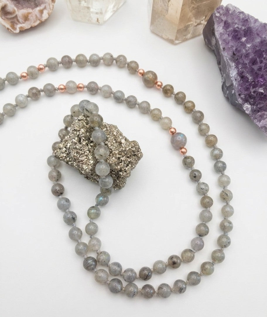 Mala 108 con pietre naturali di Labradorite, Pietra Guru Ametista, Rame