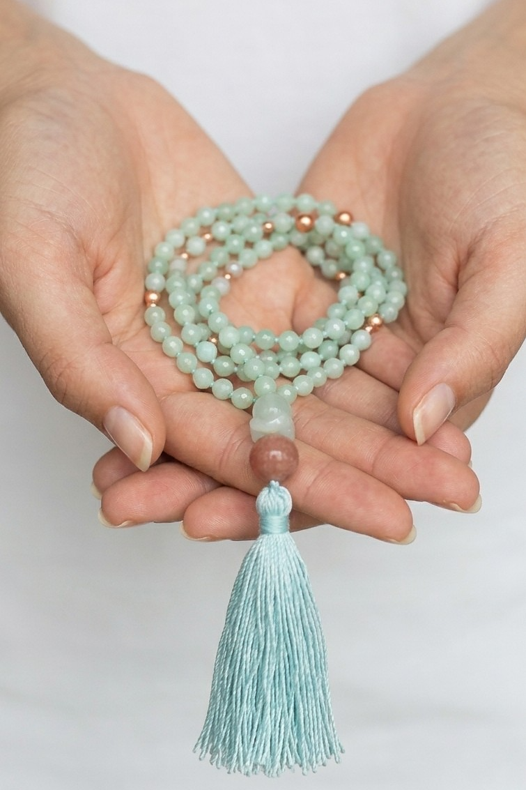 Mala 108 in Giadeite, Perla guru in Giadeite e Pietra di luna, rame