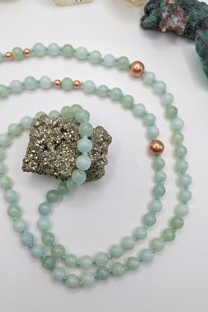 Mala 108 in Giadeite, Perla guru in Giadeite e Pietra di luna, rame