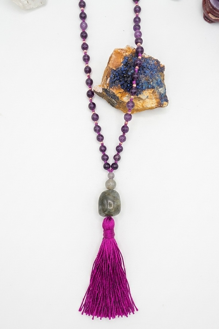 Mala 108 con pietre naturali di Granato almandino, Labradorite, Pietra Guru Labradorite, Rame