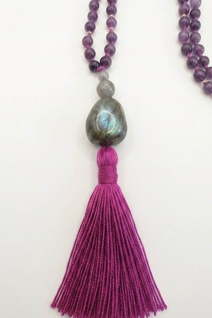 Mala 108 con pietre naturali di Granato almandino, Labradorite, Pietra Guru Labradorite, Rame