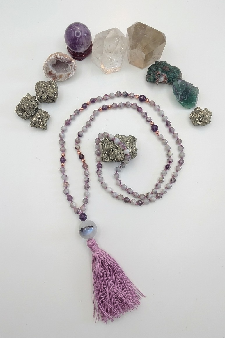 Mala fatta a mano con pietre dure naturali di Elbaite, Pietra Guru Agata , Rame