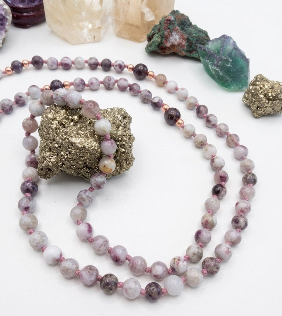 Mala fatta a mano con pietre dure naturali di Elbaite, Pietra Guru Agata , Rame