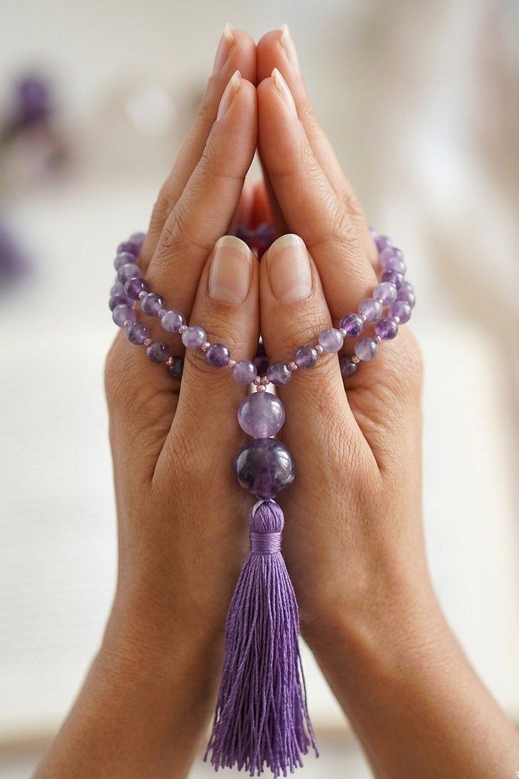 Mala da meditazione in Ametista Chevron, Perle Guru in Ametista lavanda e Ametista