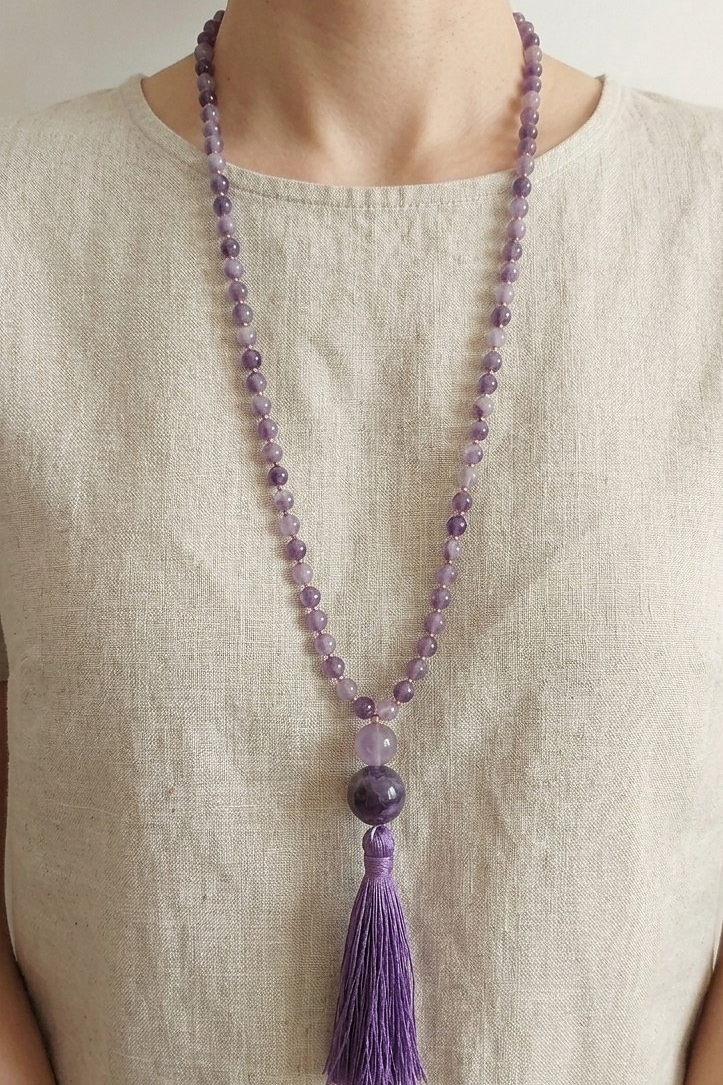 Mala da meditazione in Ametista Chevron, Perle Guru in Ametista lavanda e Ametista
