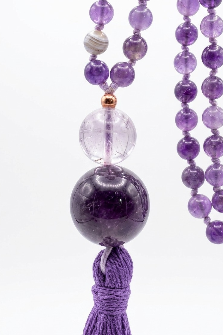 Mala da meditazione in Ametista Chevron, Perle Guru in Ametista lavanda e Ametista