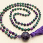 Mala con 108 perle di Zoisite, Pietra Guru Ametista, Rame