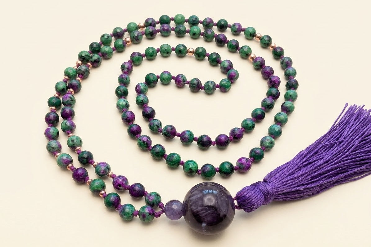 Mala con 108 perle di Zoisite, Pietra Guru Ametista, Rame