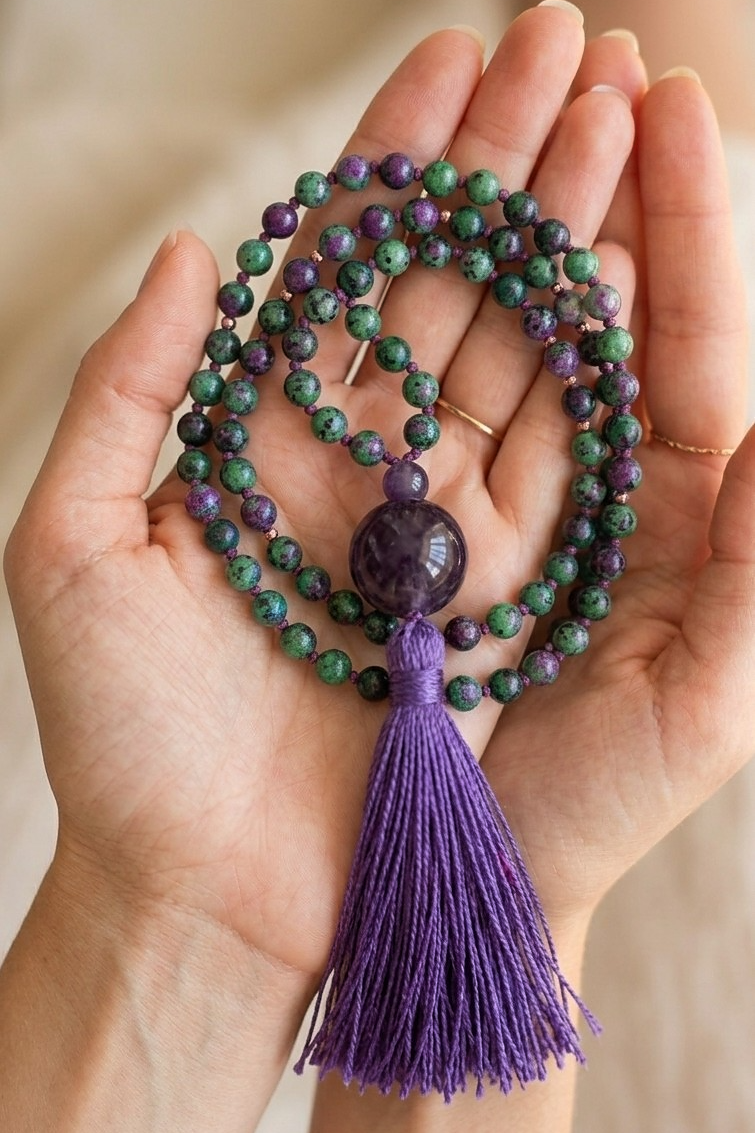 Mala con 108 perle di Zoisite, Pietra Guru Ametista, Rame