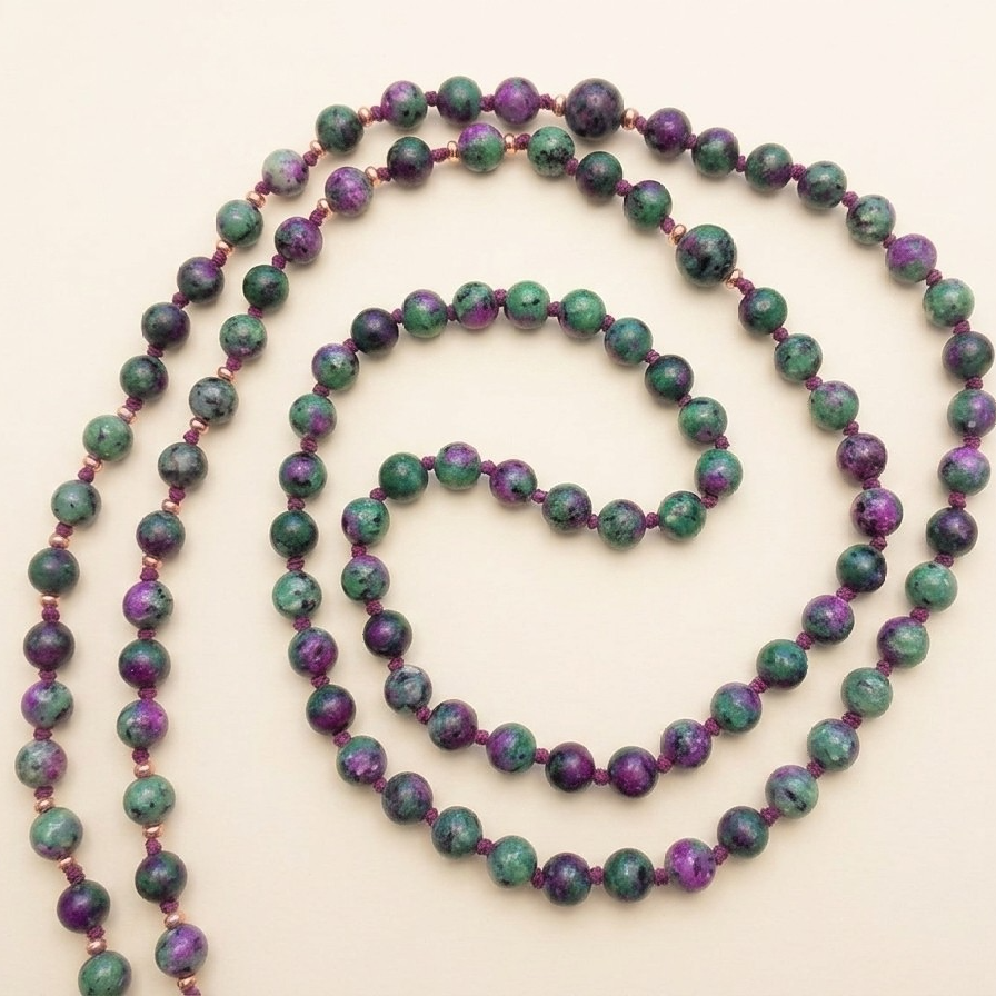 Mala con 108 perle di Zoisite, Pietra Guru Ametista, Rame