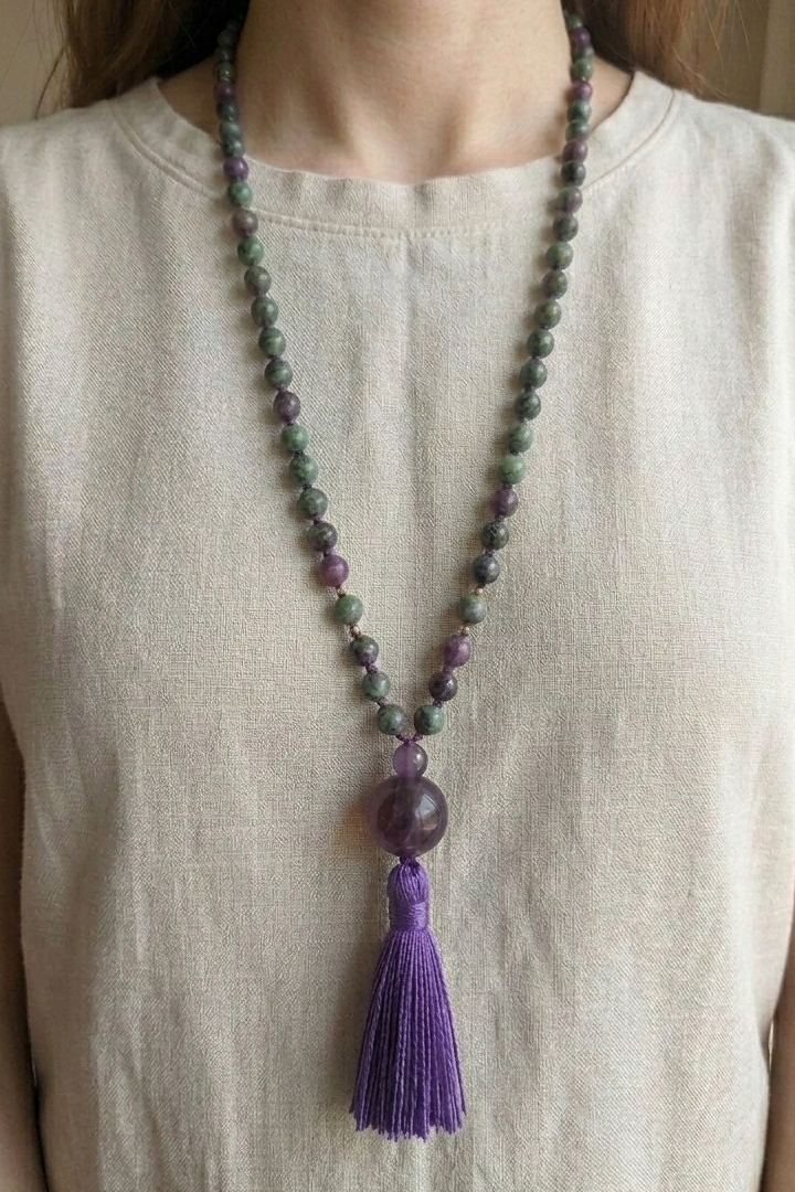 Mala con 108 perle di Zoisite, Pietra Guru Ametista, Rame