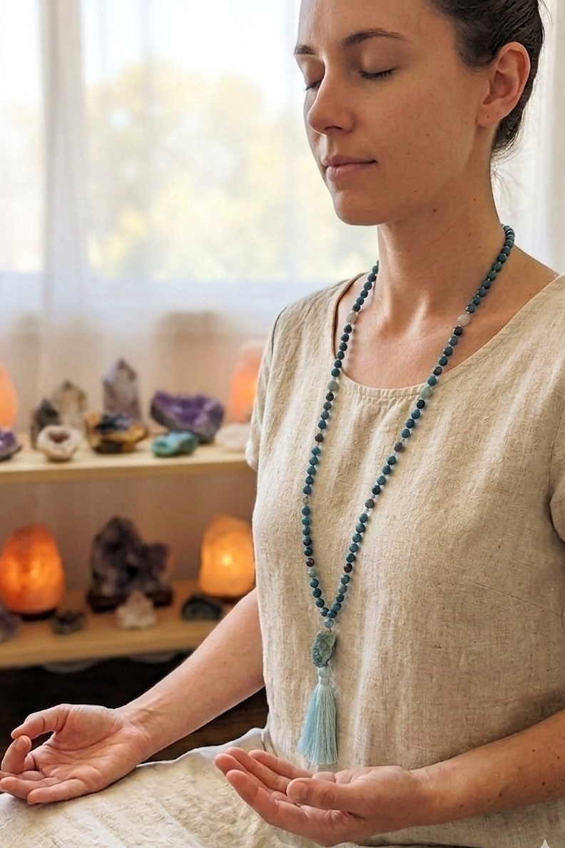 Mala per la pratica della meditazione in Apatite e Rame