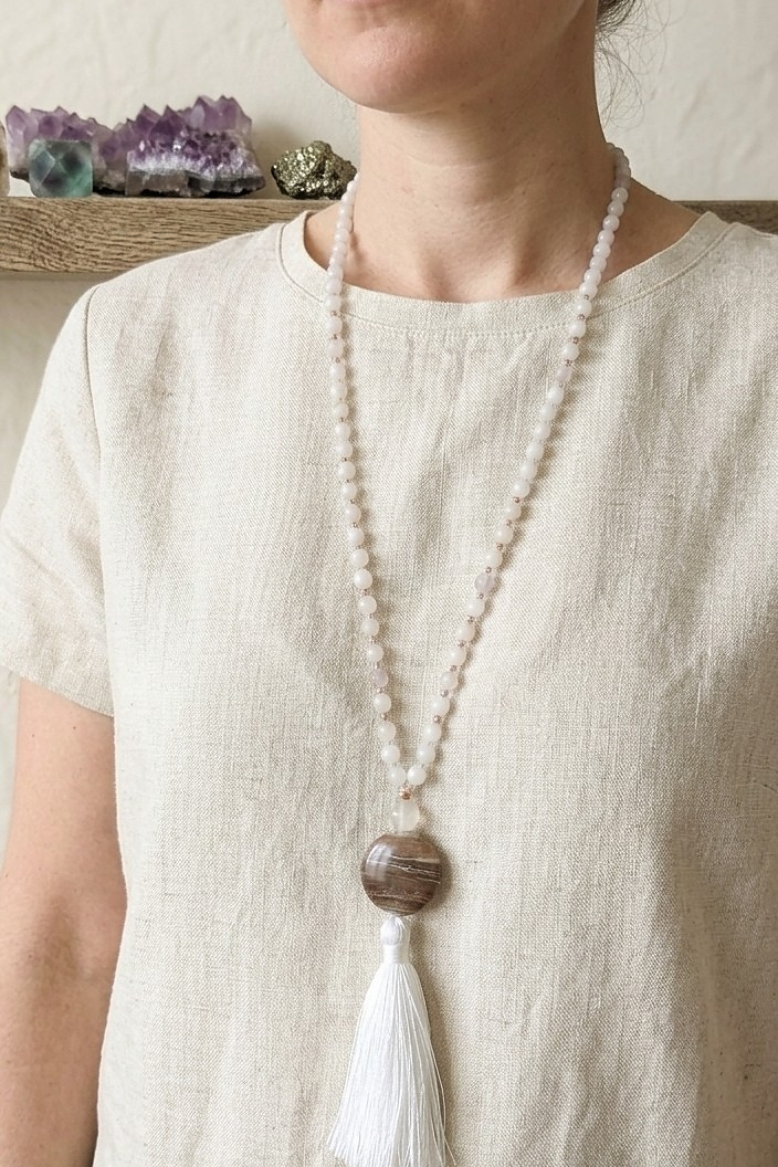 Mala in Pietra di luna, Pietra Guru Legno fossile, Rame