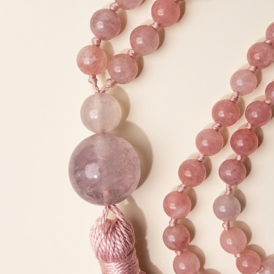 Mala in Opale rosa, Pietra Guru Quarzo rosa, Ametista lavanda, Rame