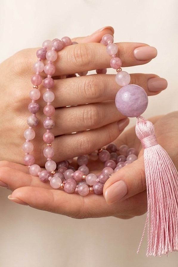 Mala in Opale rosa, Pietra Guru Quarzo rosa, Ametista lavanda, Rame