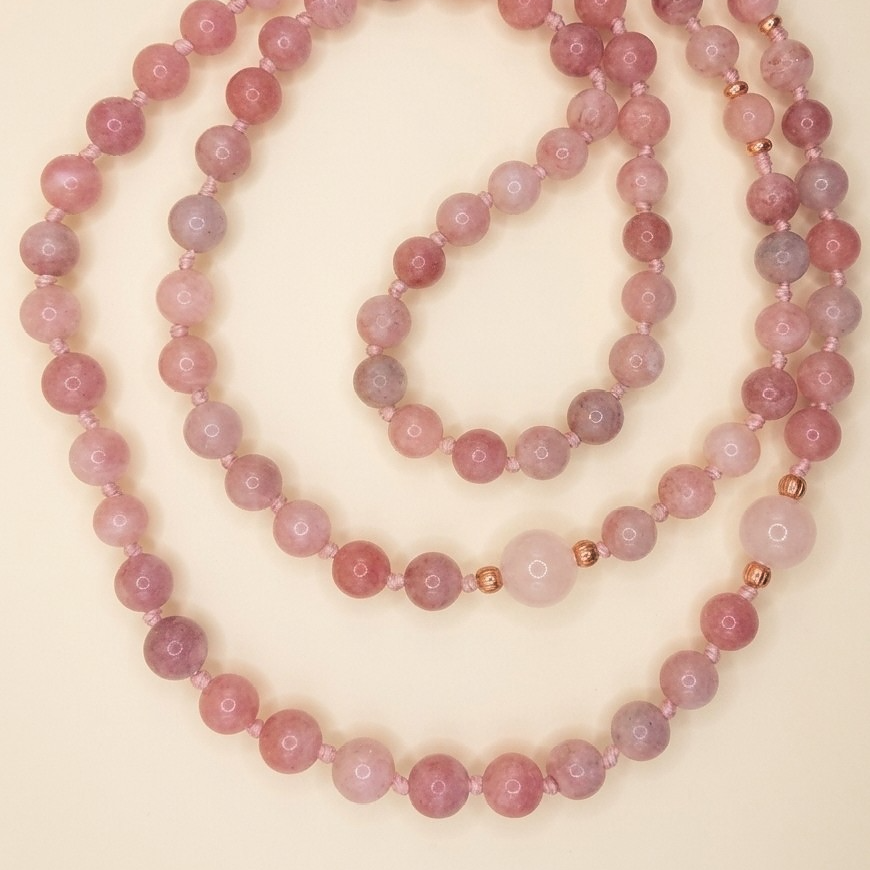 Mala in Opale rosa, Pietra Guru Quarzo rosa, Ametista lavanda, Rame