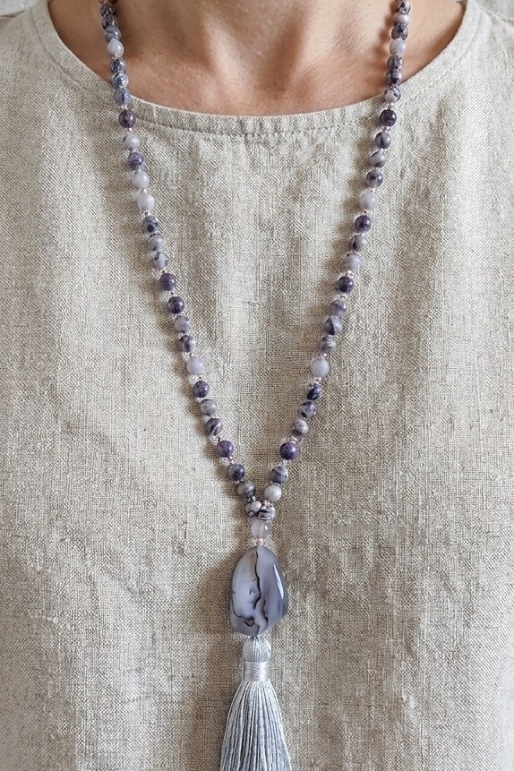 Mala in Diaspro zebrato, Pietra Guru Agata botswana, Rame