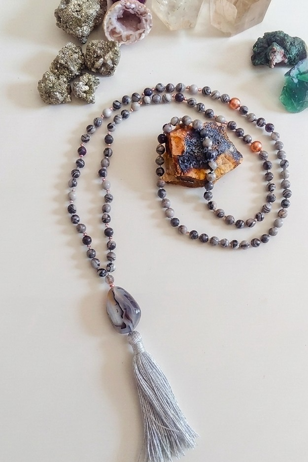 Mala in Diaspro zebrato, Pietra Guru Agata botswana, Rame