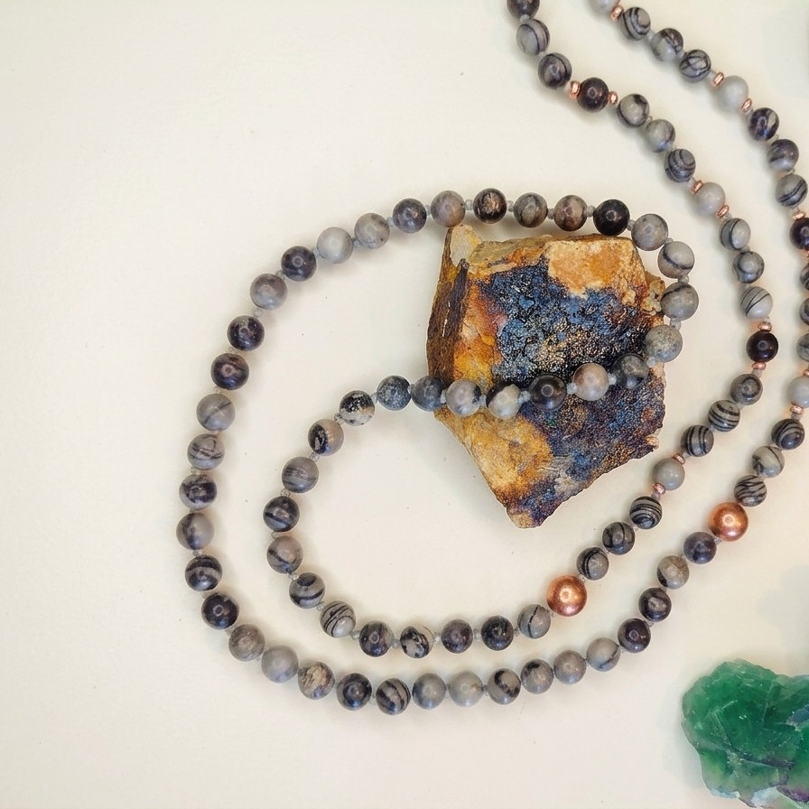 Mala in Diaspro zebrato, Pietra Guru Agata botswana, Rame