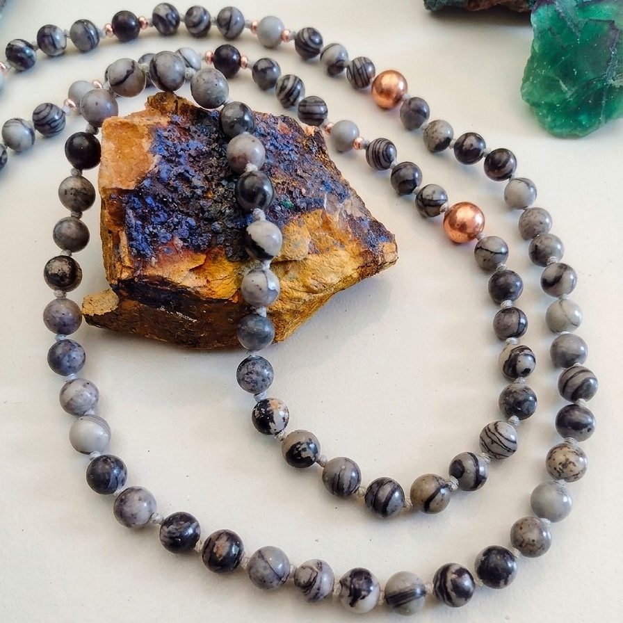 Mala in Diaspro zebrato, Pietra Guru Agata botswana, Rame