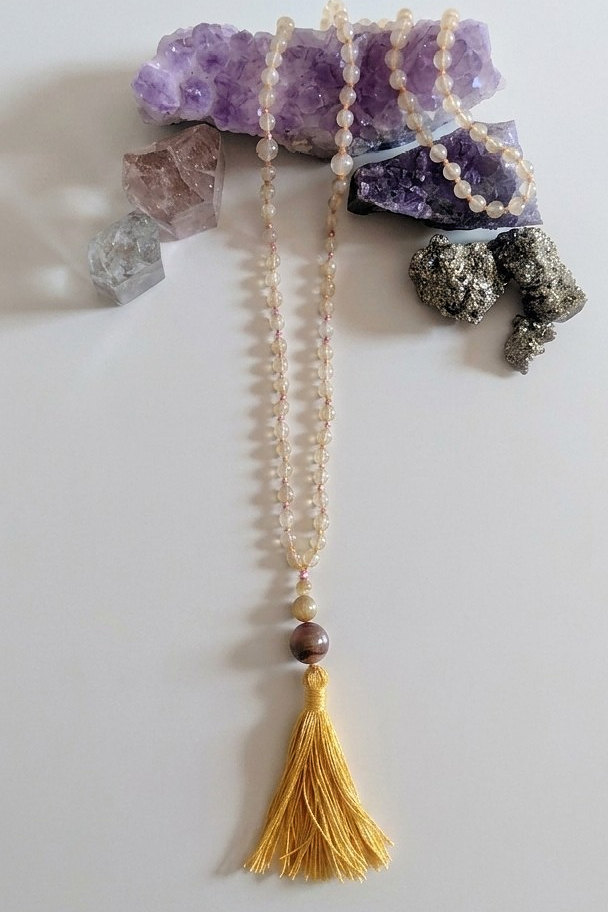 Mala collana 108 perle Quarzo citrino, pietra guru Occhio di tigre, rame