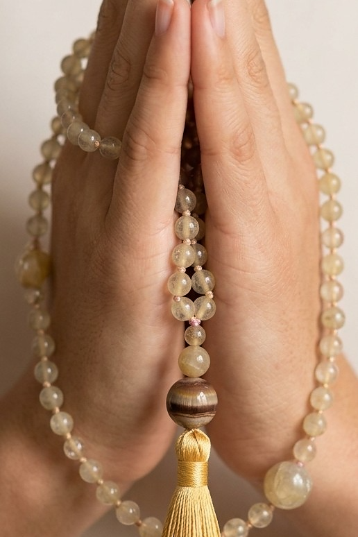 Mala collana 108 perle Quarzo citrino, pietra guru Occhio di tigre, rame