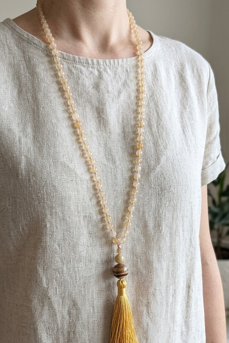Mala collana 108 perle Quarzo citrino, pietra guru Occhio di tigre, rame