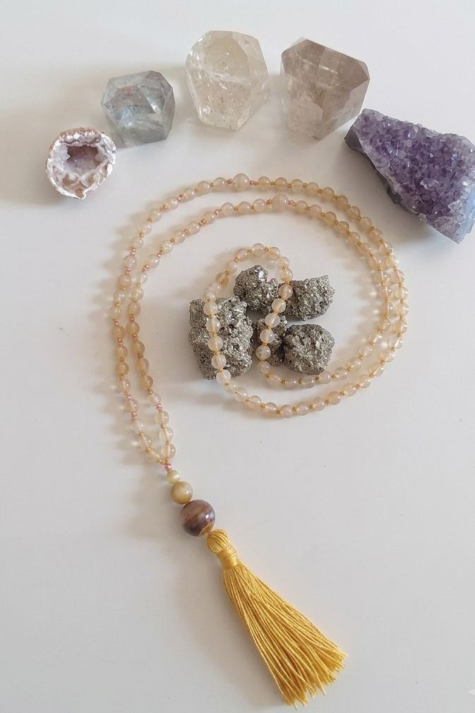 Mala collana 108 perle Quarzo citrino, pietra guru Occhio di tigre, rame