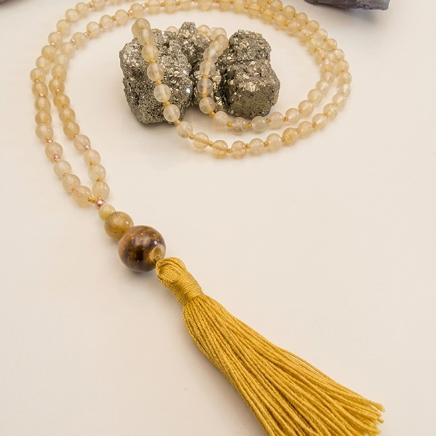 Mala collana 108 perle Quarzo citrino, pietra guru Occhio di tigre, rame