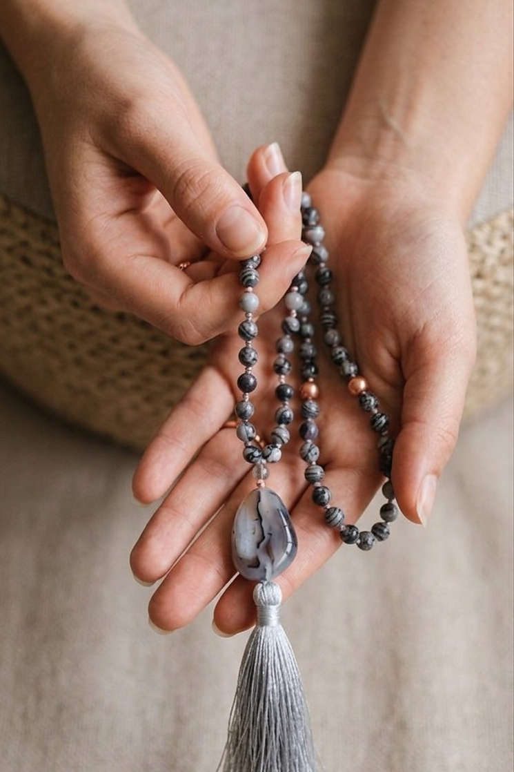 Mala in Diaspro zebrato, Pietra Guru Agata botswana, Rame