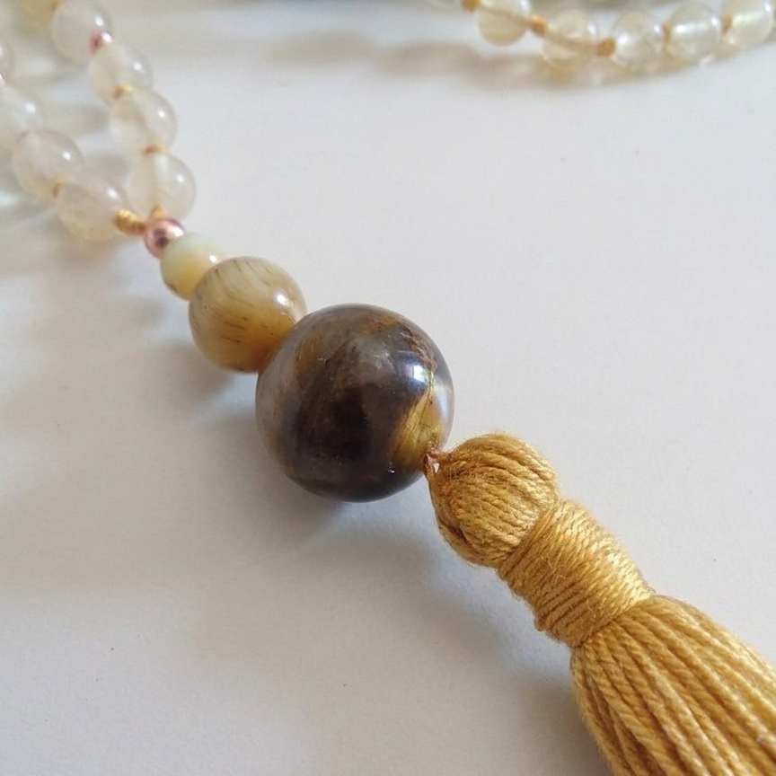 Mala collana 108 perle Quarzo citrino, pietra guru Occhio di tigre, rame